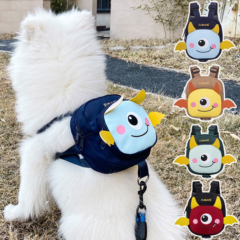 Dark Green Adorable Monster Pet Backpack Harness - Small Dog & Cat Treat Pouch with Poop Bag Dispenser
