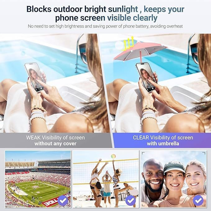 Black Magnetic Phone Umbrella Sun Shade - Clear Outdoor Screen Visor, Anti-Glare Mini Parasol for iPhone