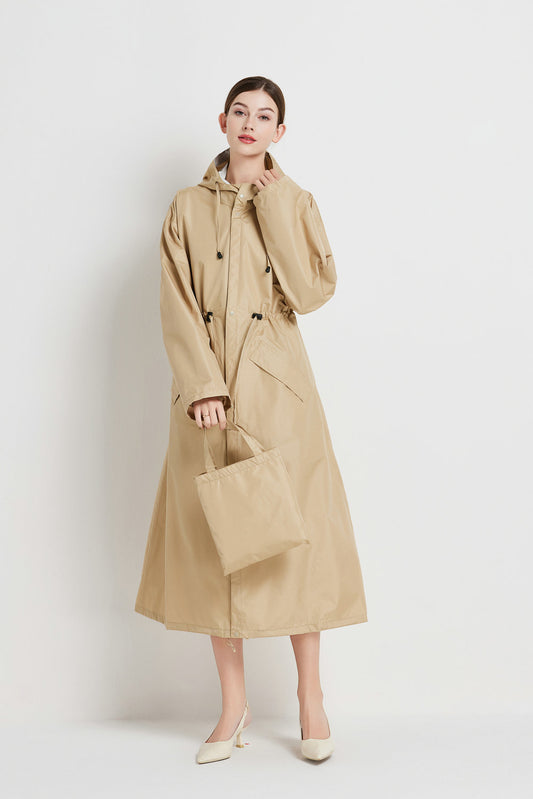 Size L Khaki Women's Chic Lightweight Waterproof Raincoat - Long Hooded Packable Rain Jacket with Pouch