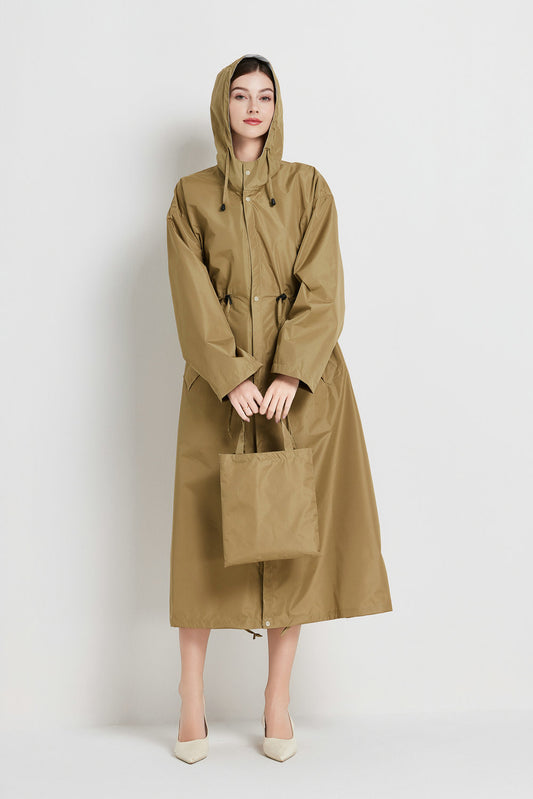 Size L Brown Women's Chic Lightweight Waterproof Raincoat - Long Hooded Packable Rain Jacket with Pouch
