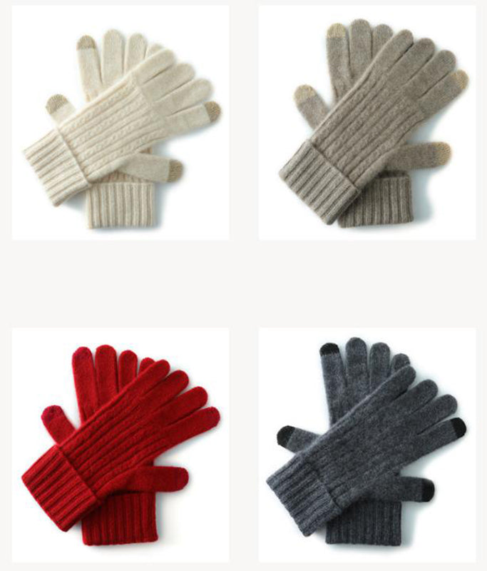 Beige Unisex Touchscreen Ribbed Warm Cycling Windproof Knitted Five-finger Gloves