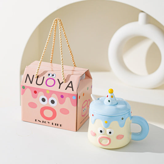 Blue Adorable Cartoon Character Ceramic Mug Set - 420ml with Fun Cake Design Lid & Matching Spoon - Perfect Gift