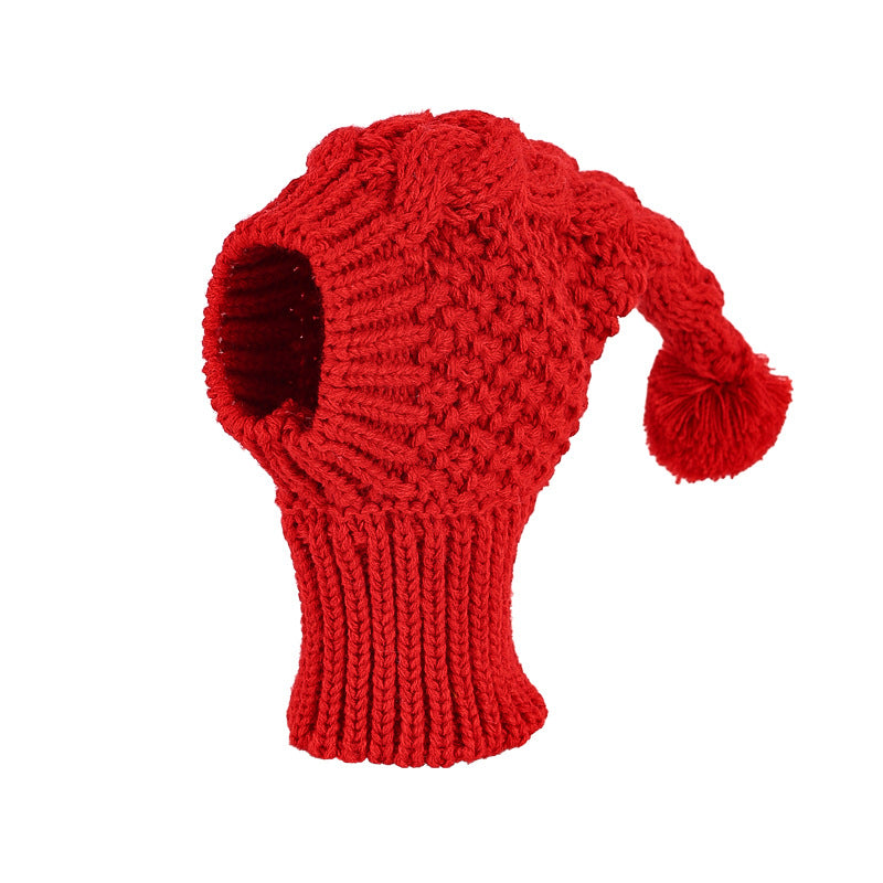 Size L Red Whimsical Knit Dog Hat with Pom-Pom - Cozy Winter Pet Beanie & Snood