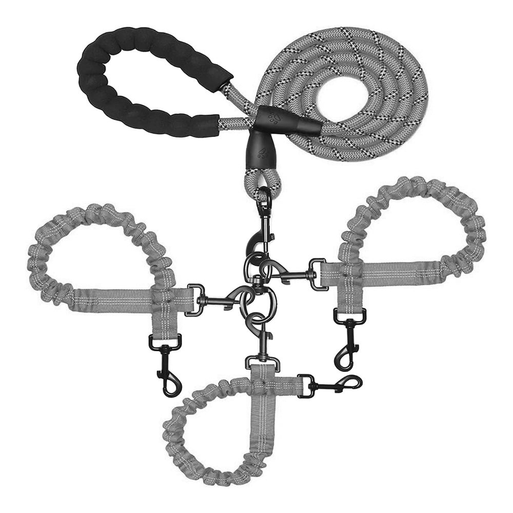 Grey 3-in-1 Tangle-Free Dog Leash for 1-3 Dogs - Heavy Duty Bungee Coupler with Reflective Stitching & Padded Handle