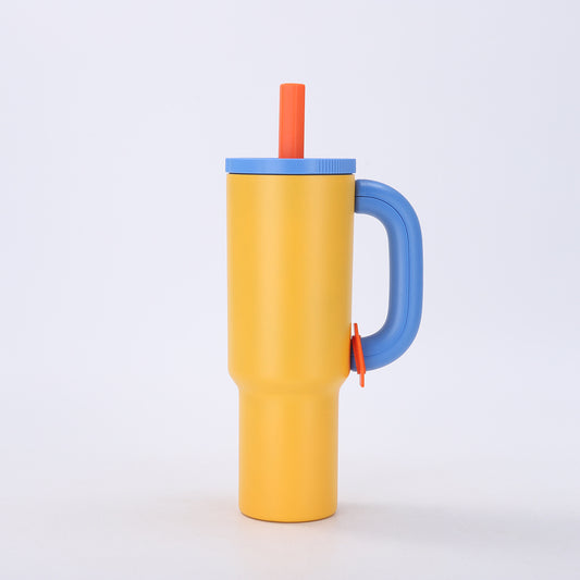 Yellow-blue 40oz Macron Stainless Steel Insulated Tumbler with Handle and Straw - 14.8 x 10.5 x 28 cm Large Capacity Car-Friendly Travel Mug