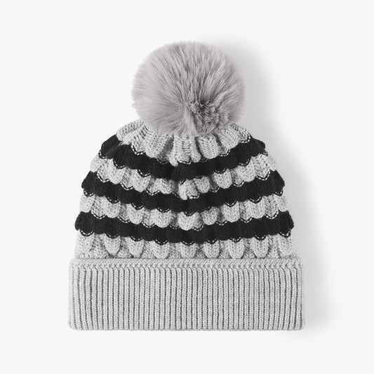 2-PCS Grey Stylish Two-Tone Pom-Pom Ear Warmer Knit Hat - Lined for Women