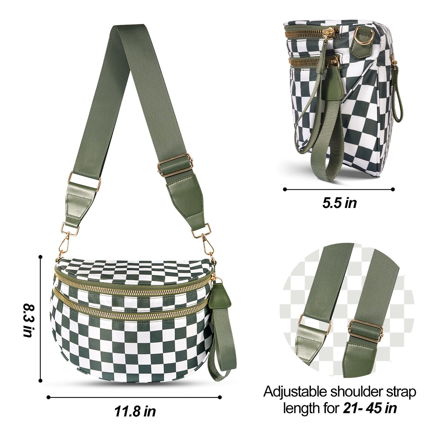 Brown Checkered Trendy Sling Bag - Women's Crescent Crossbody Purse with Wide Adjustable Strap