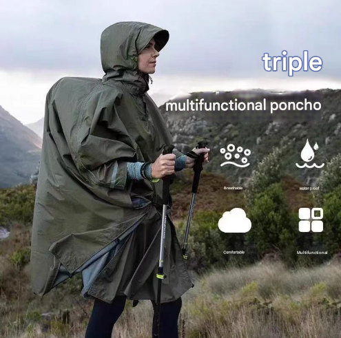 Brown 3-in-1 Waterproof Rain Poncho - Lightweight Hooded Raincoat, Ground Tarp & Emergency Shelter for Hiking, Camping, and Outdoor Survival