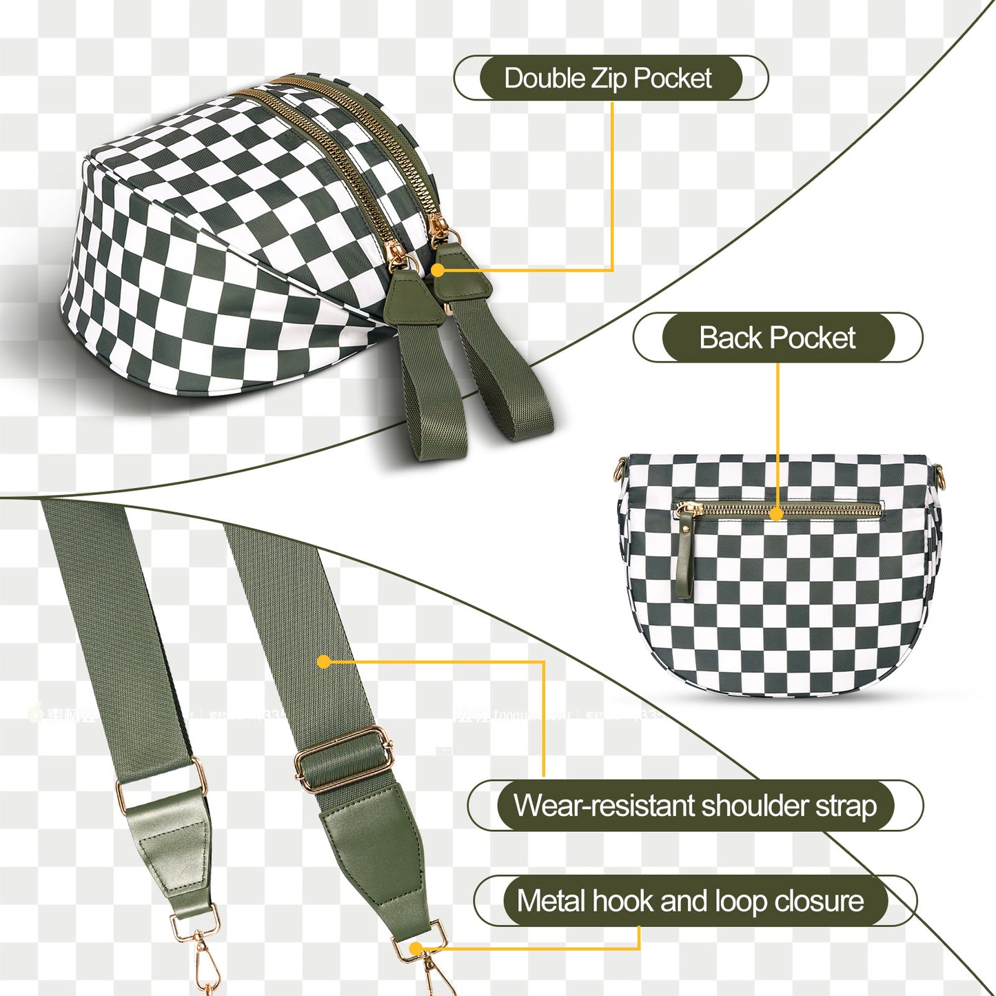 Black-white Cow Checkered Trendy Sling Bag - Women's Crescent Crossbody Purse with Wide Adjustable Strap