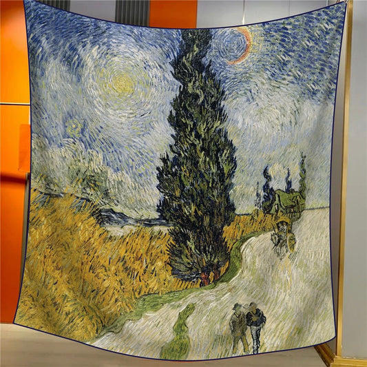 Cypress Tree With Starry Sky Elegant Artistry Shawl - Large 130cm Square Scarf with Oil Painting Print & Hand-Rolled Hem