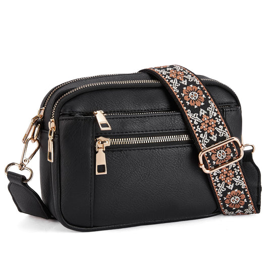Double Zipper Black Chic Quilted Crossbody Bag - Vintage PU Leather Shoulder Purse with Adjustable Strap