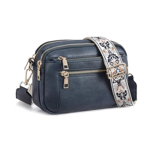 Double Zipper Blue Chic Quilted Crossbody Bag - Vintage PU Leather Shoulder Purse with Adjustable Strap