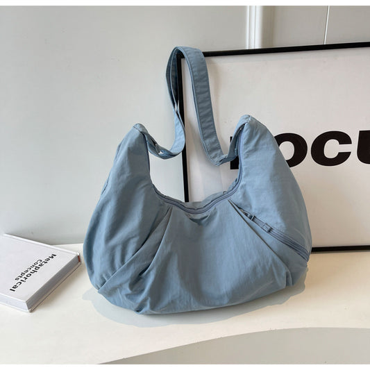 Blue Lightweight Crescent Crossbody Bag - Slouchy Nylon Hobo Purse for Casual Everyday Use