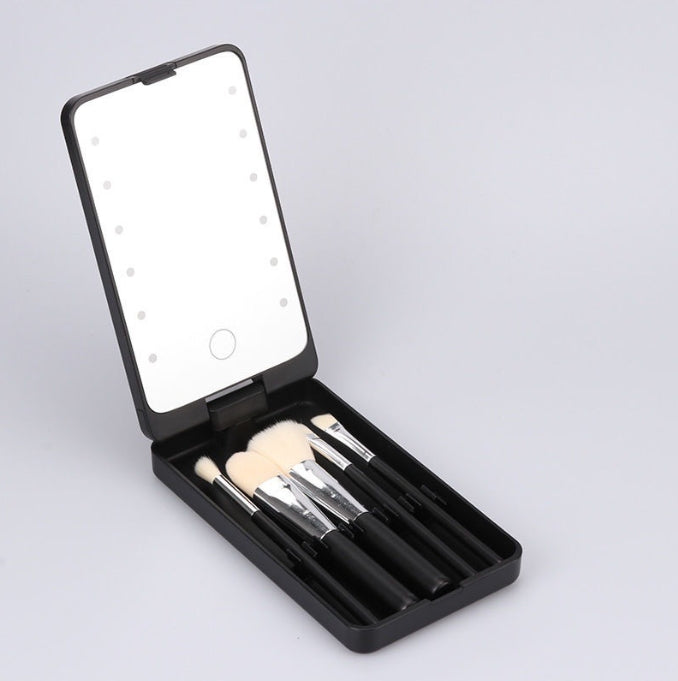 2-Piece Black Portable LED Makeup Mirror with Brush - Foldable, Rotatable, and Rechargeable Travel Vanity Mirror