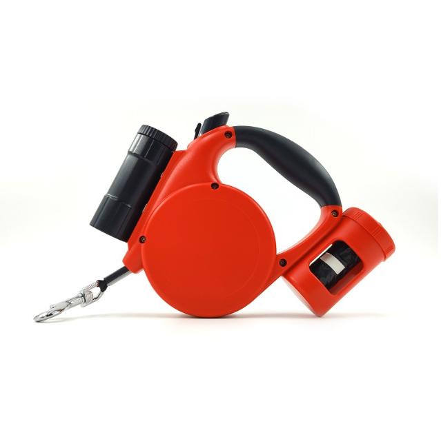 Red 3-in-1 Retractable Dog Leash with LED Flashlight & Poop Bag Dispenser | Heavy Duty Tangle-Free Leash for Safe Night Walks