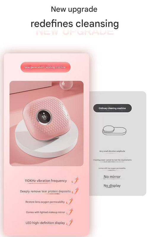 Grey Portable Ultrasonic Contact Lens Cleaner - Automatic Electric Cleaning Case with LED Makeup Mirror, USB Rechargeable for Travel & Home