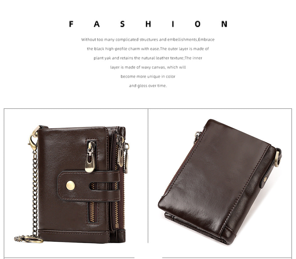 Coffee Genuine Leather Men's RFID Blocking Wallet - High Capacity Trifold with Zipper Coin Pocket