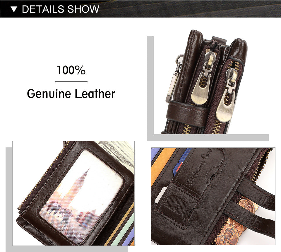 Green Genuine Leather Men's RFID Blocking Wallet - High Capacity Trifold with Zipper Coin Pocket