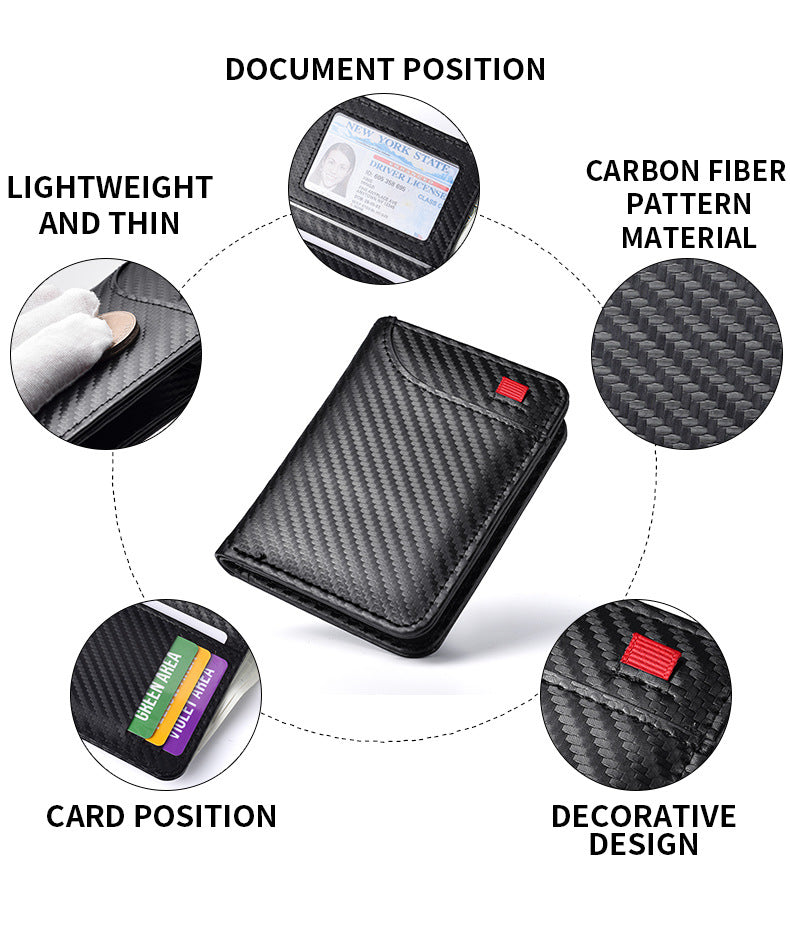 Coffee-colored Sleek Carbon Fiber Vertical Wallet for Men - Slim Bifold Card Holder with Clear ID Window