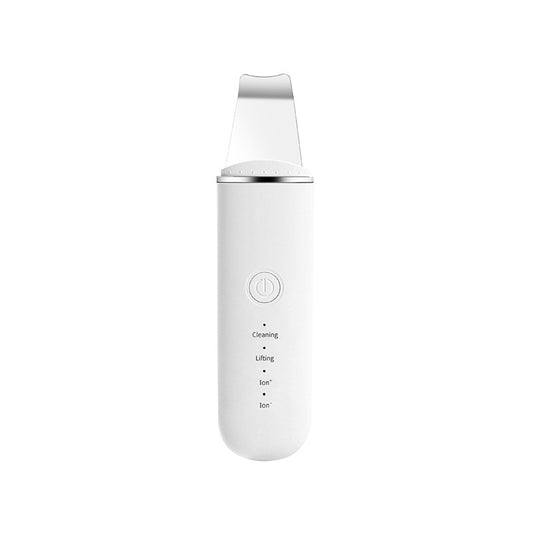 White Professional Ultrasonic Skin Scrubber - 4-in-1 Facial Spatula for Deep Cleaning, Blackhead Removal, and EMS Lifting