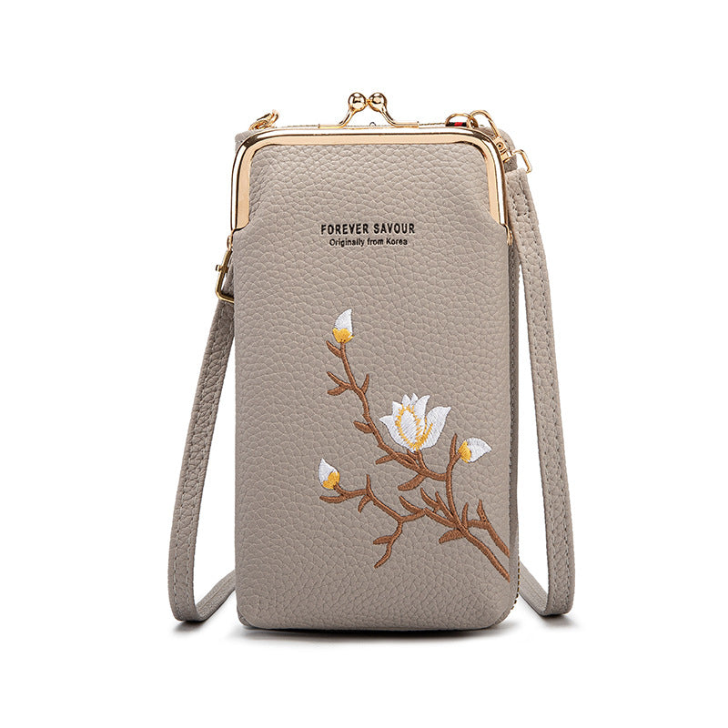 Grey Chic Embroidered Crossbody Phone Wallet - All-in-One Purse with Kiss-Lock Clasp
