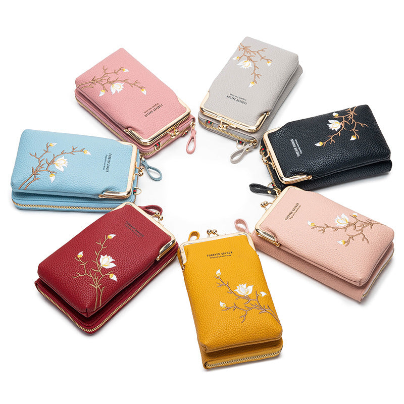 Grey Chic Embroidered Crossbody Phone Wallet - All-in-One Purse with Kiss-Lock Clasp