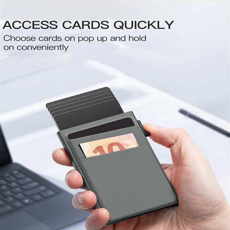 Grey Ultra-Slim RFID Blocking Pop-Up Wallet - Automatic Card Holder with Metal Case & Secure Screw Base