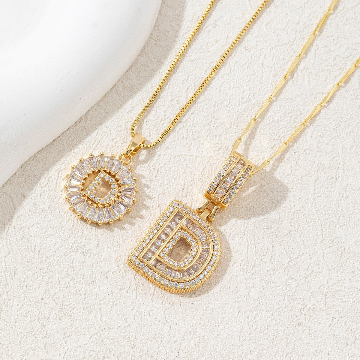 Sparkling Cubic Zirconia Initial Letter Necklace Set - Gold Plated Two-Piece Design(D)