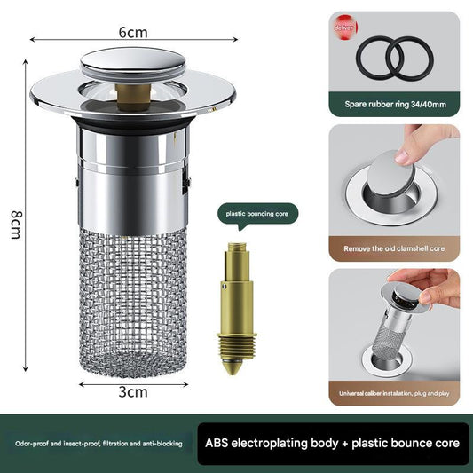 5 PCS Universal Pop-Up Sink Drain Stopper with Anti-Clog Filter Basket - Stainless Steel Hair Catcher & Anti-Odor Plug