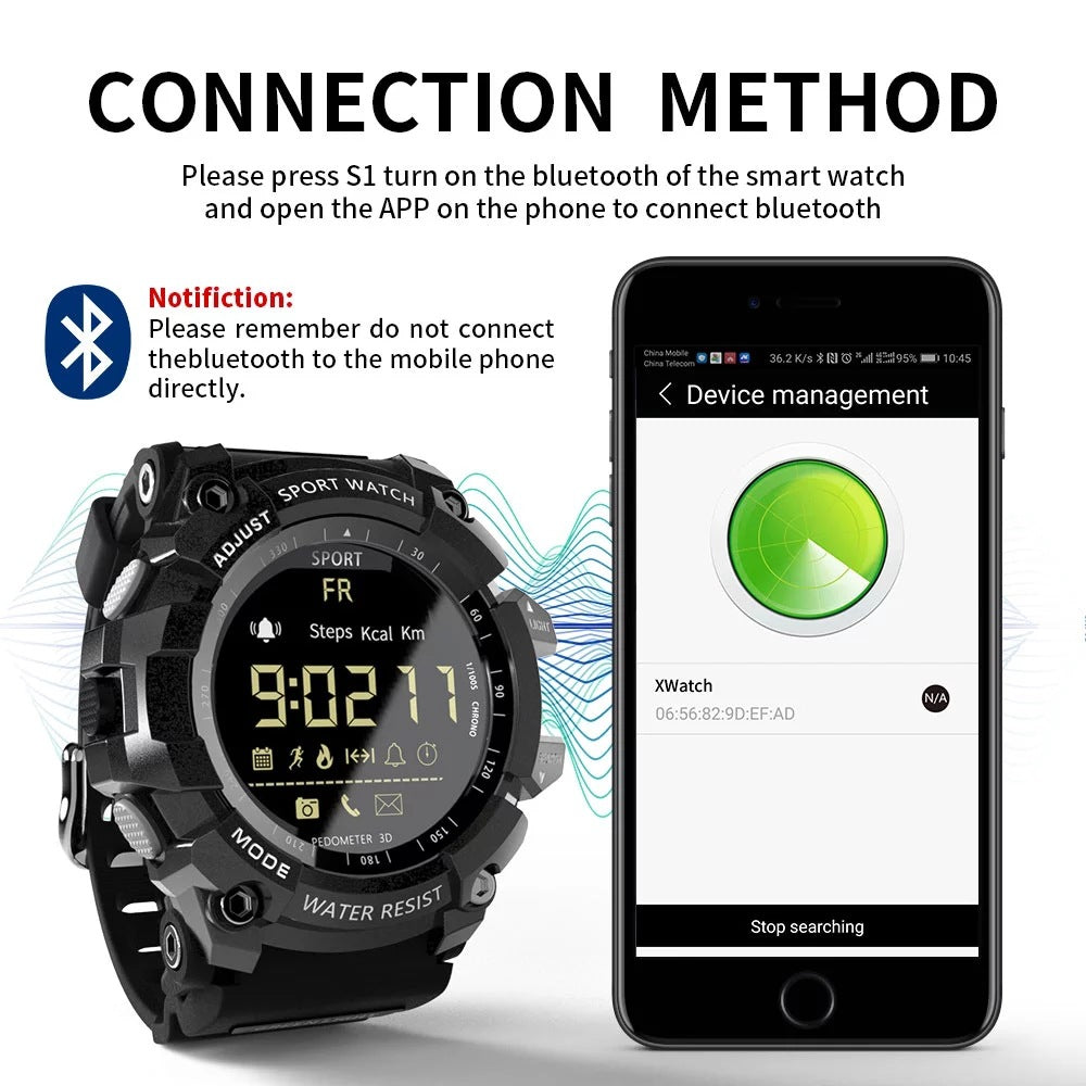 Rugged Sports Smartwatch - 50M Waterproof, 24H 3D Pedometer, Bluetooth Notifications & Long Battery Life(Black with blue text)