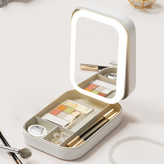Portable Jewelry & Makeup Organizer Box with LED Touch Mirror - Rechargeable, Adjustable Lighting(white)
