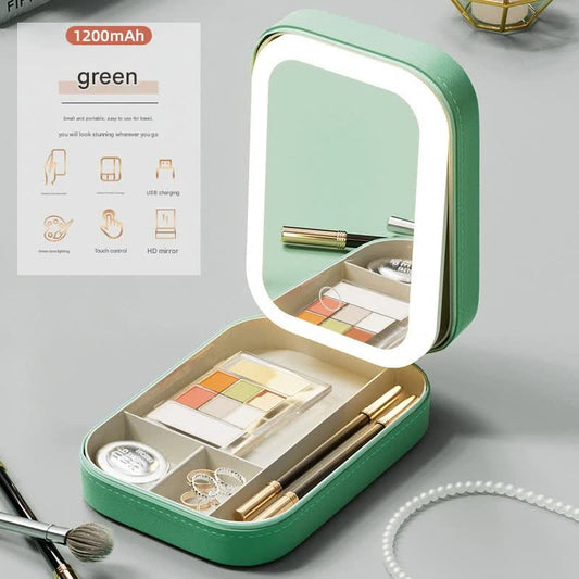 Portable Jewelry & Makeup Organizer Box with LED Touch Mirror - Rechargeable, Adjustable Lighting(green)