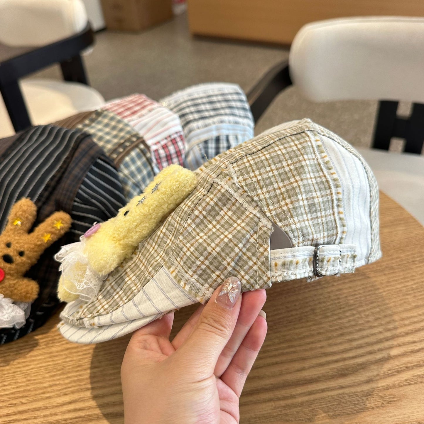 Patchwork Plaid Cotton Cap with Decorative Details(blue)