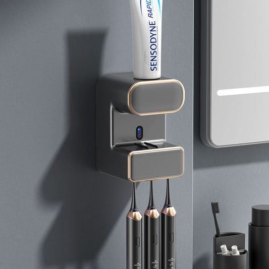 Automatic Toothpaste Dispenser with UVC Toothbrush Sterilizer & Holder - Wall Mounted, Rechargeable(Grey)