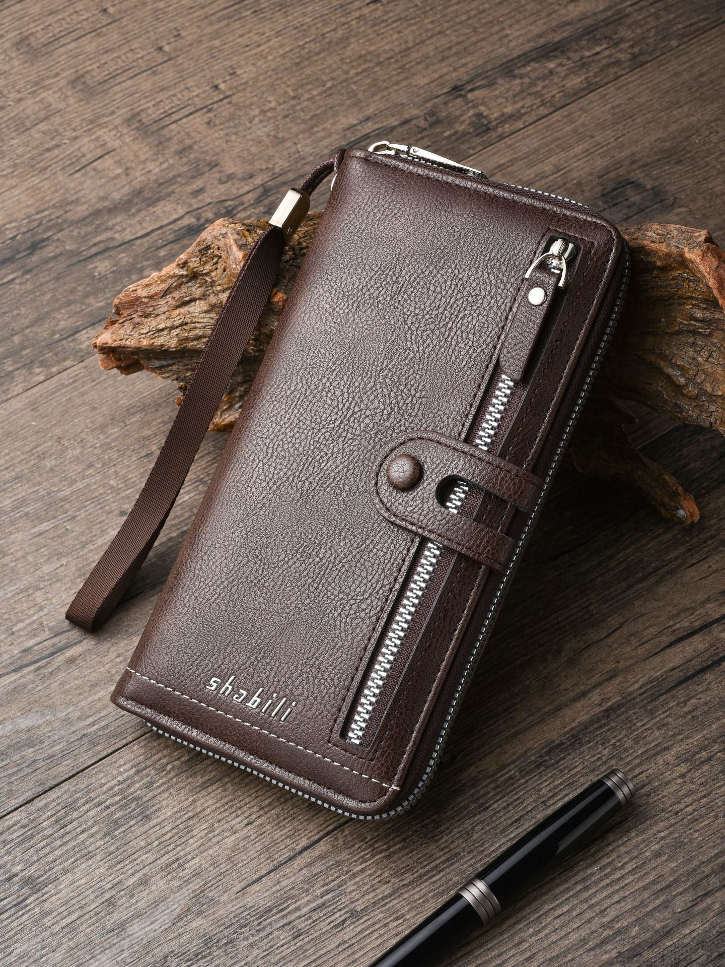 Two pieces High-Capacity PU Leather Clutch Wallet - Unisex Design with Wrist Strap, Zipper & Multiple Card Slots(Light brown)