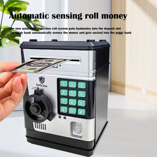 Electronic Piggy Bank Safe Box for Kids - Automatic Bill & Coin Bank with Password Protection, Music & Lights(black)