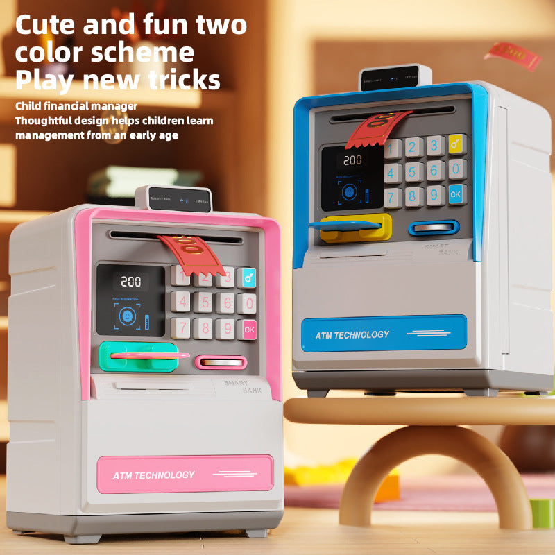 Kids Electronic ATM Piggy Bank with Simulated Facial Recognition & Password - Auto Roll-in Banknote & Coin Money Box for Financial Learning(blue)