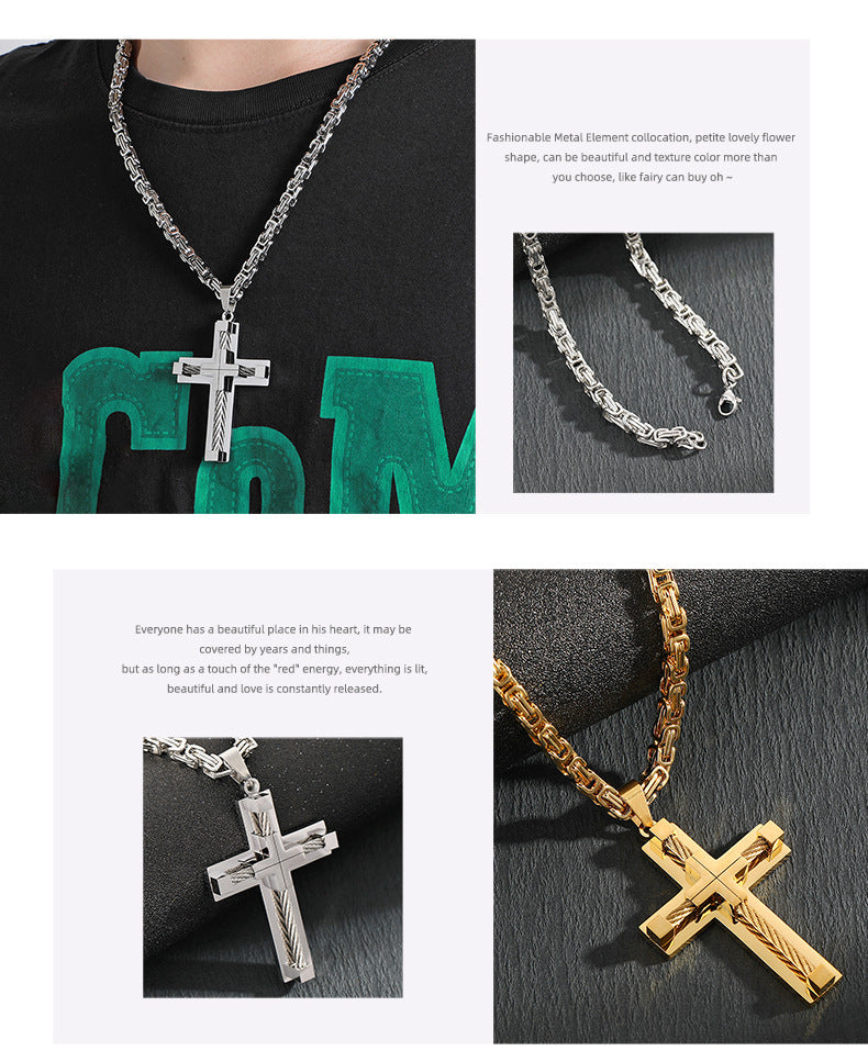 Men's Stainless Steel Layered Cross Pendant with Byzantine Chain - Fashion Statement Necklace(black)