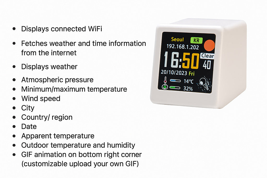 2pc Mini Smart Wi-Fi Weather Station Clock - Desktop Digital Clock with HD IPS Screen, Customizable GIF Display & 3-Day Forecast(Gold)