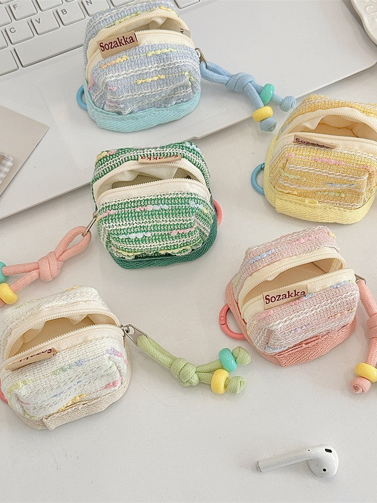 3pc Chic Woven Mini Backpack Pouch - Earphone Case & Coin Purse with Keychain Lanyard(yellow)