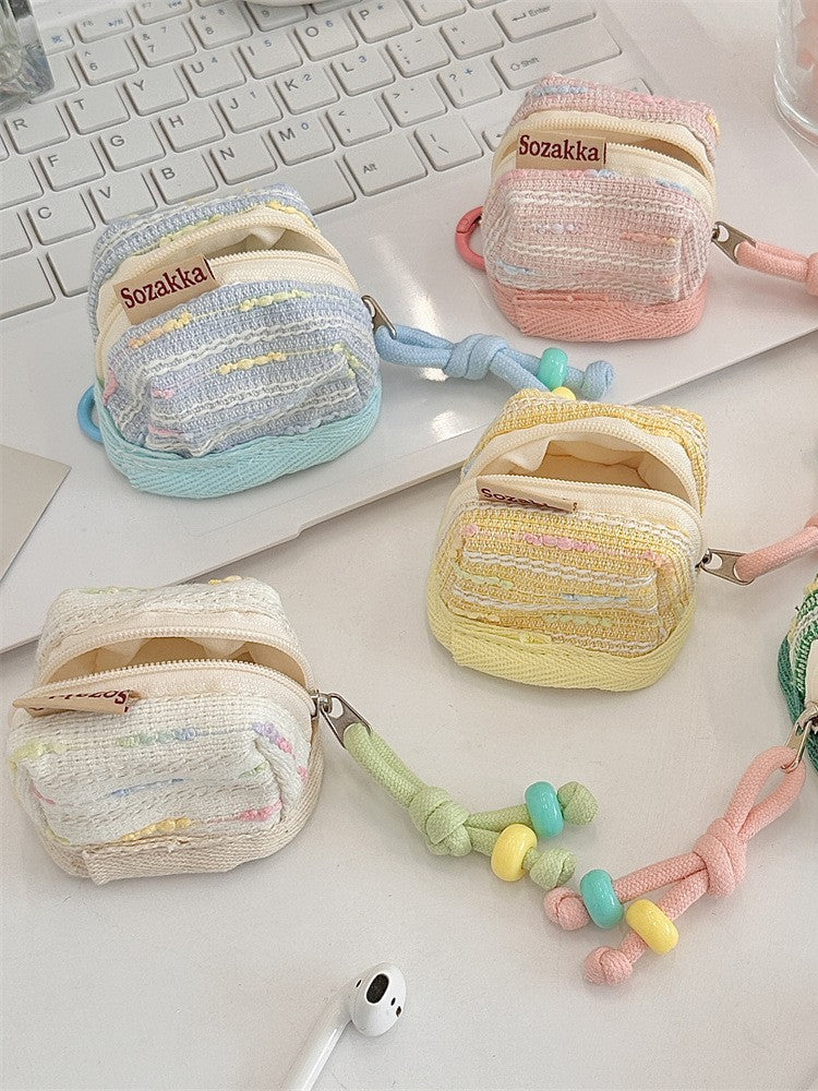 3pc Chic Woven Mini Backpack Pouch - Earphone Case & Coin Purse with Keychain Lanyard(yellow)