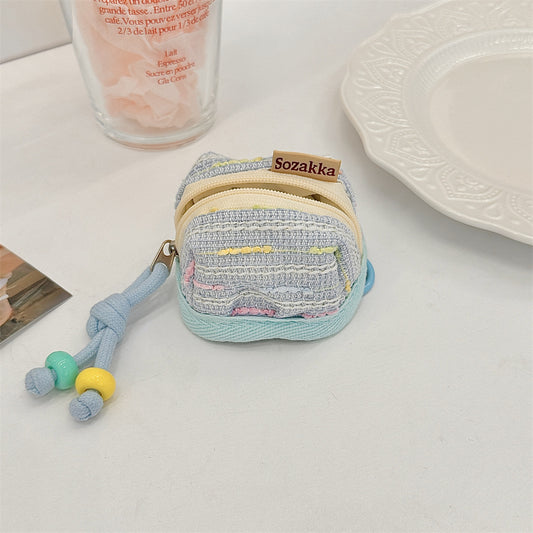 3pc Chic Woven Mini Backpack Pouch - Earphone Case & Coin Purse with Keychain Lanyard(blue)