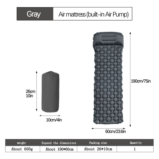 2pc Ultralight Inflatable Camping Sleeping Mat with Integrated Pillow - Waterproof 40D Nylon TPU(Grey)