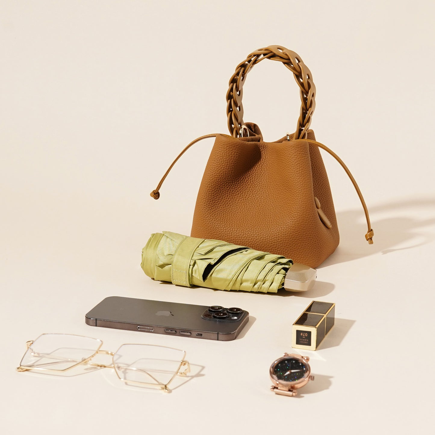 Genuine Leather Mini Bucket Bag with Braided Handle - Chic Drawstring Crossbody Purse(white)