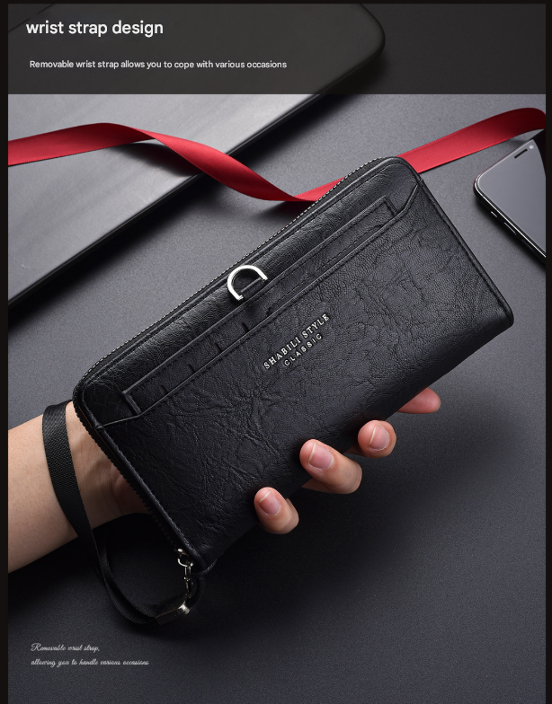 Brown Classic Long Zipper Wallet Clutch - Large Capacity PU Leather Phone & Card Holder with Wrist Strap