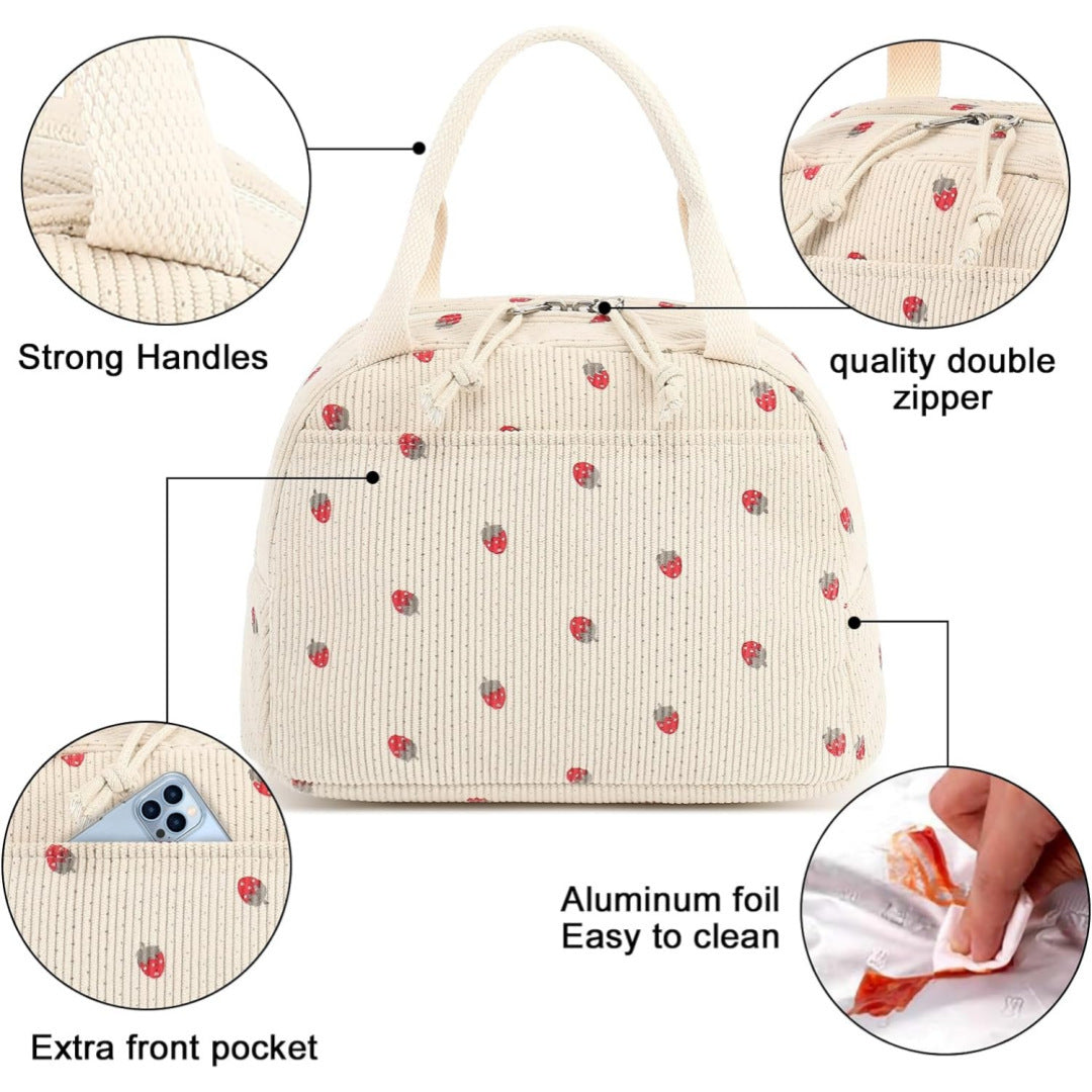 Green Strawberry Pattern Corduroy Lunch Bag - Insulated Thermal Cooler Tote for School Work and Picnics