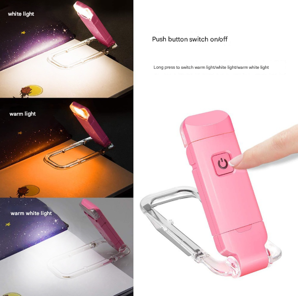 2 Pcs Pink USB Rechargeable Clip-on LED Book Light - 3 Color Modes & Dimmable Brightness for Eye-Caring Reading