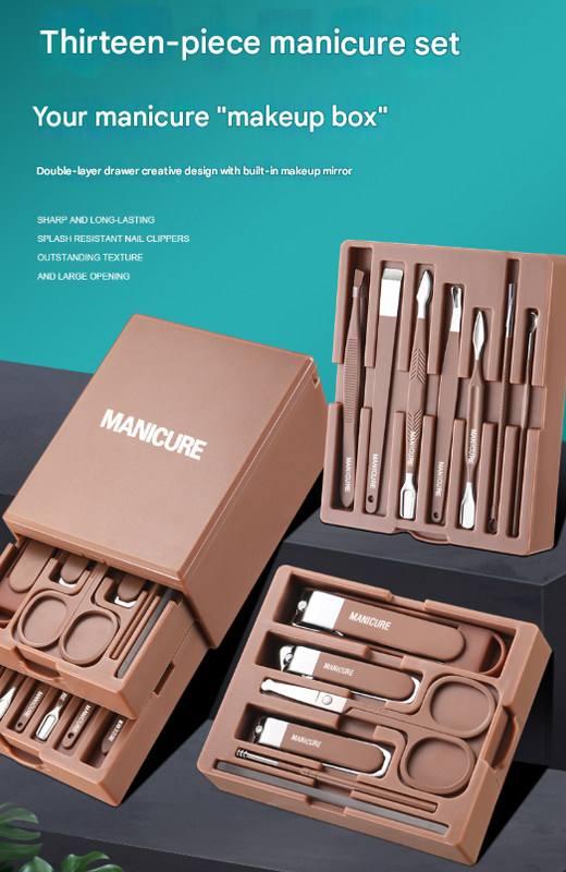 Green Premium 13-in-1 Manicure & Grooming Kit - Professional Carbon Steel Pedicure Set with Dual-Drawer Case & Mirror