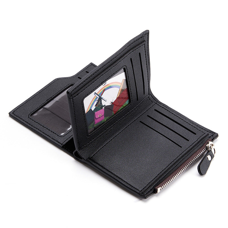 Brown Men's Slim Vertical Bifold Wallet - PU Leather Card Holder with Zipper Coin Pocket and ID Window