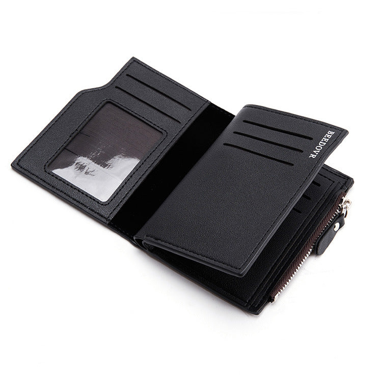 Brown Men's Slim Vertical Bifold Wallet - PU Leather Card Holder with Zipper Coin Pocket and ID Window